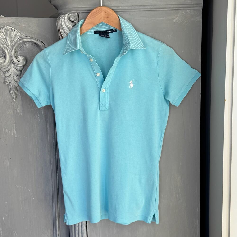 Ralph Lauren Golf Turquoise Stretch Polo Shirt Pinstripe Contrast Collar Small